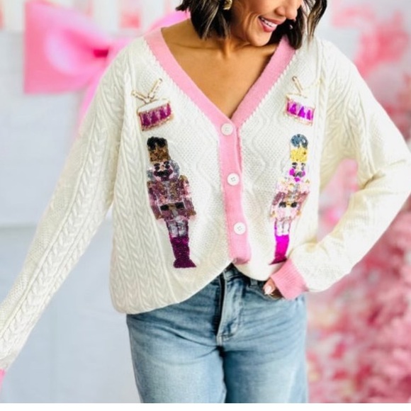 Grace & Emma Sweaters - Grace + Emma Cream and Pink Nutcracker Cardigan